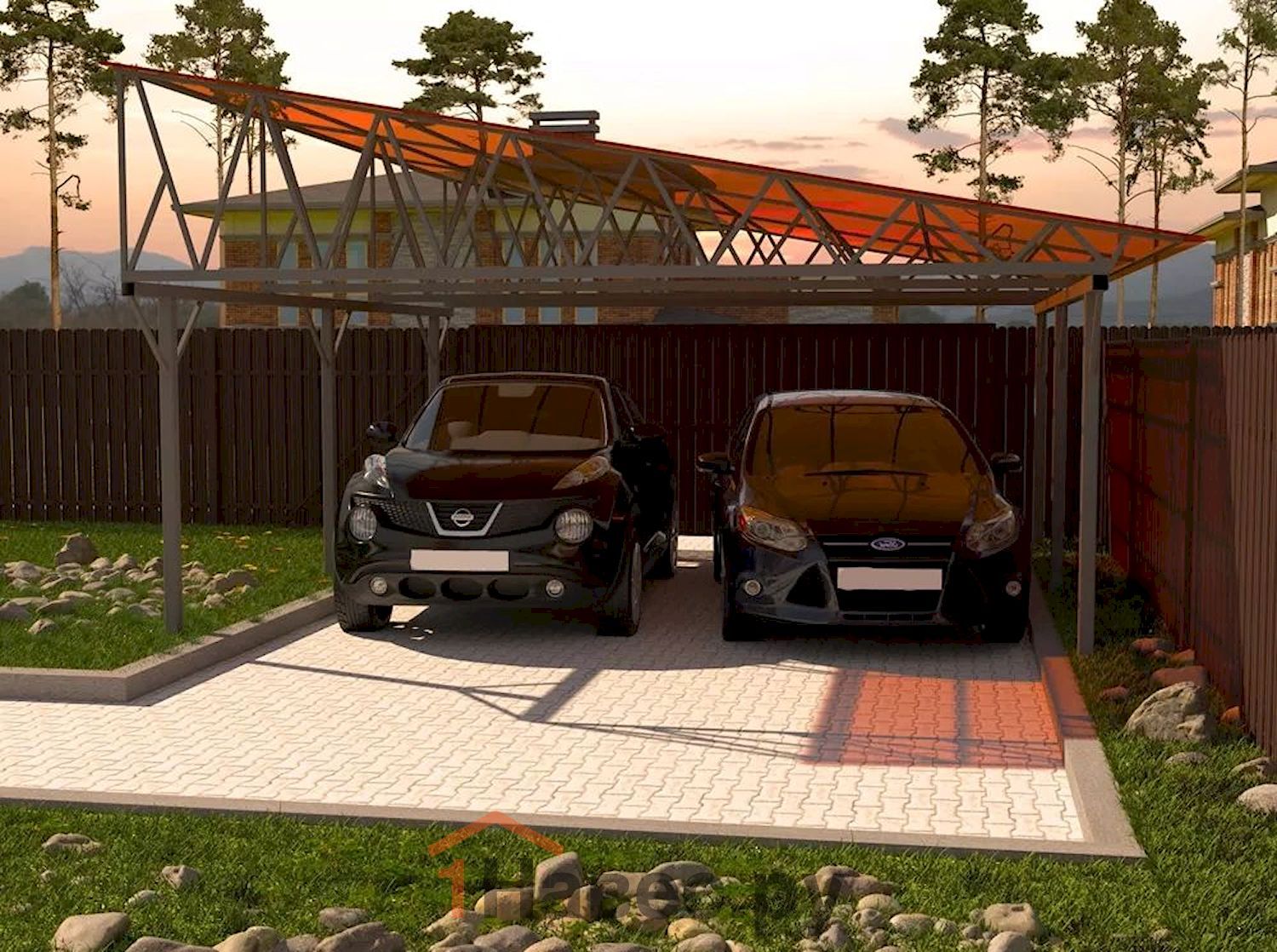 Односкатный автомобильный навес из поликарбоната на 2 авто