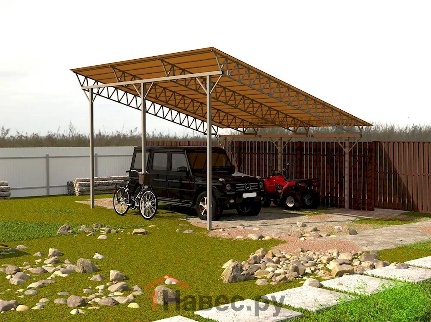 Односкатный усиленный навес из поликарбоната для дачи