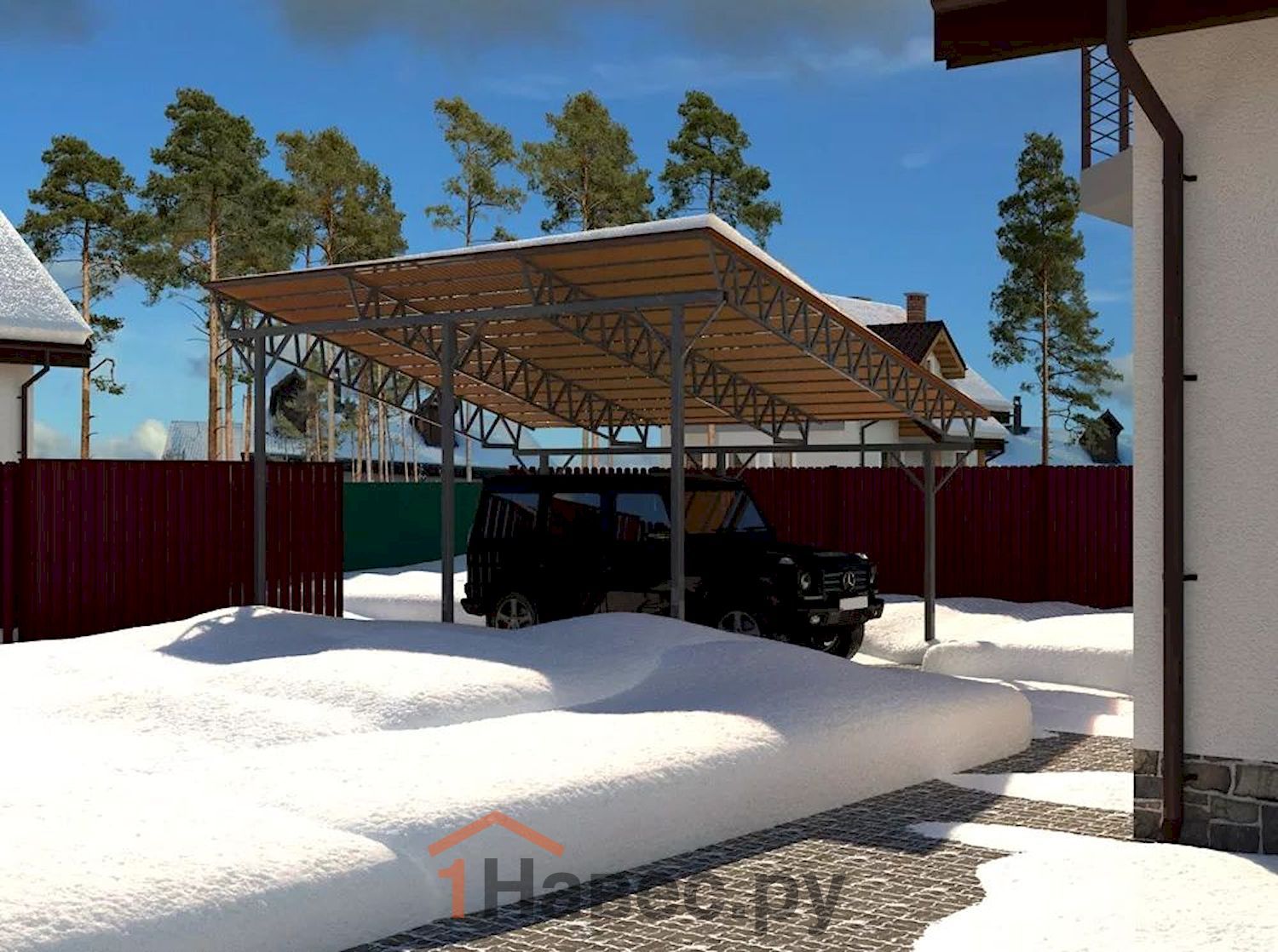 Односкатный автомобильный навес из поликарбоната