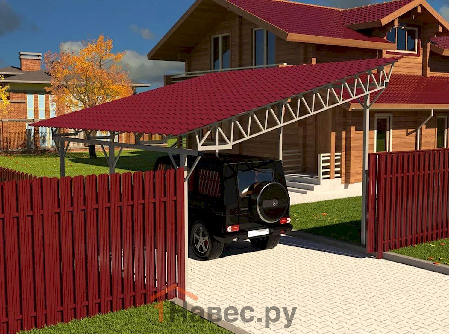 Односкатный навес из металлочерепицы к воротам